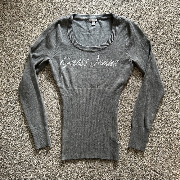 Y2K GUESS Light Grey & Silver Graphic Rhinestone Knit Long Sleeve Top - Picture 3 of 7